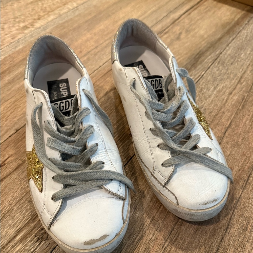 Golden Goose White Sneakers with Glitter Gold Accents